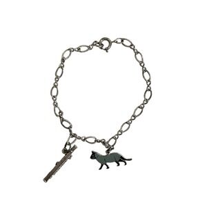 Atlas Charm Bracelet Sterling 925 Womens Silver Cat Flute Enamel Music Cat Lady